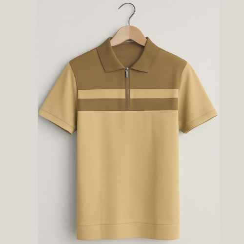 YIDUN CHAIN DETAIL BUTTER & DARK BROWN COLLAR CHINA POLO